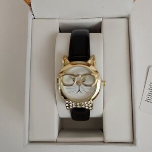 NIB Vernier Gold tone Women's Cat w/ Glasses Crystal Bow Tie  Watch
